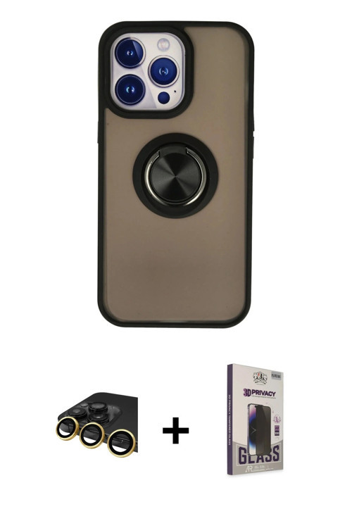 ieg™ iPhone 13 Pro Max Kılıf Yörünge Çizgi - Siyah Bilvis Hayalet Cam Ekran Koruyucu + Gold Raze Met
