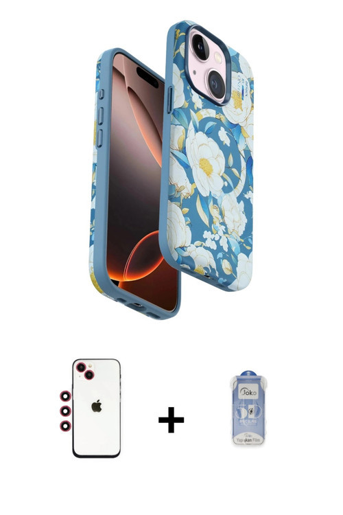 ieg™ iPhone 14 Kılıf Siluet Doku - Siyah Joko Magic 5D Cam + Kırmızı Shine Kamera Lens