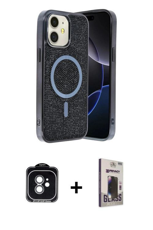 ieg™ iPhone 11 Kılıf Eksen Çizgi - Siyah Bilvis Hayalet Cam Ekran Koruyucu + Yeşil PVD Metal Kamera