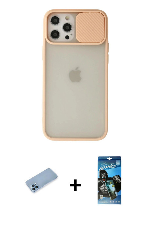 ieg™ iPhone 12 Pro Max Kılıf Vadi Çizgi - Siyah 34D Izgaralı Cam + Mavi Shine Kamera Lens Koruma Cam