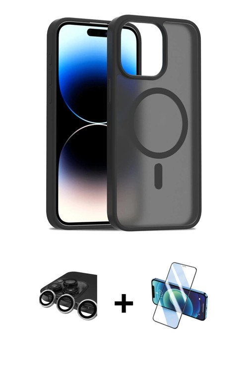 ieg™ iPhone 15 Pro Kılıf Siluet Minimal Prime - Siyah 3D Antistatik Cam Ekran Koruyucu + Gümüş Raze