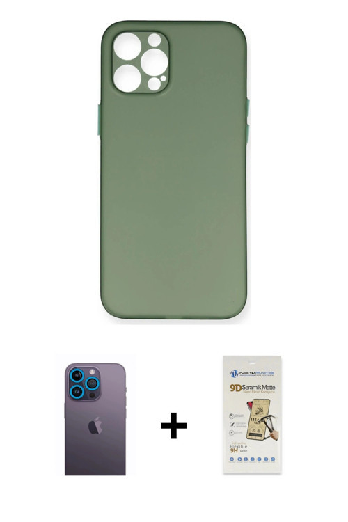 ieg™ iPhone 12 Pro Max Kılıf Yadigar Yansıma Serisi - Siyah Mat Seramik Nano Ekran Koruyucu + Mavi N