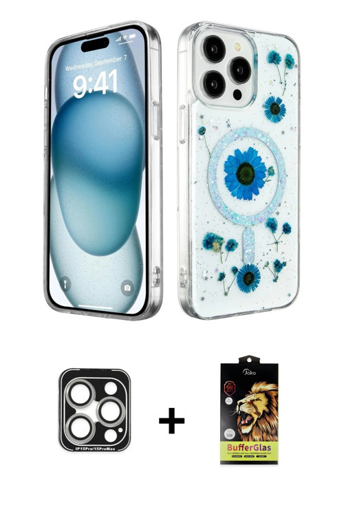 ieg™ iPhone 15 Pro Max Kılıf Kozmos Doku - Siyah Buffer Cam Ekran Koruyucu + Gümüş PVD Metal Kamera