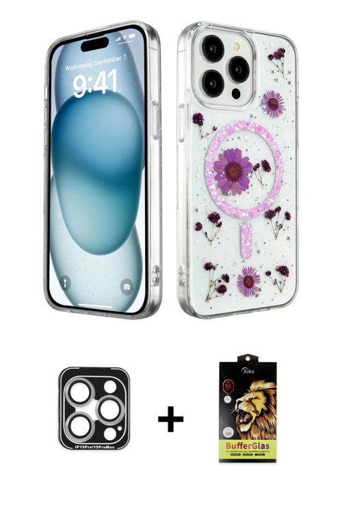 ieg™ iPhone 15 Pro Max Kılıf Kozmos Doku - Siyah Buffer Cam Ekran Koruyucu + Gümüş PVD Metal Kamera