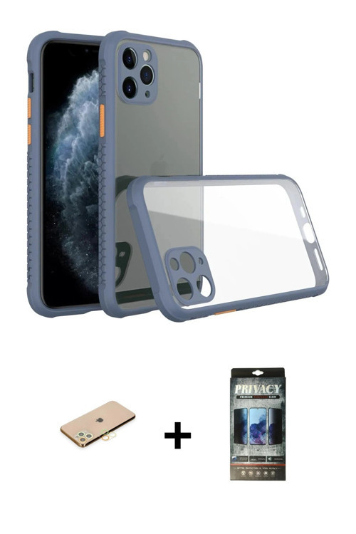 ieg™ iPhone 11 Pro Kılıf Nova Asil Özel Seri - Siyah 34D Hayalet Izgaralı Cam + Sarı Renkli Kamera L