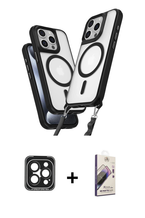ieg™ iPhone 15 Pro Max Kılıf Atlas Doku Koleksiyonu - Siyah Bilvis 3D Mat Cam Ekran Koruyucu + Siyah