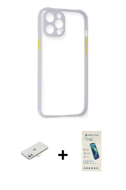 ieg™ iPhone 12 Kılıf Nova Asil Özel Seri - Şeffaf Pasifik Cam Ekran Koruyucu + Sarı Renkli Kamera Le