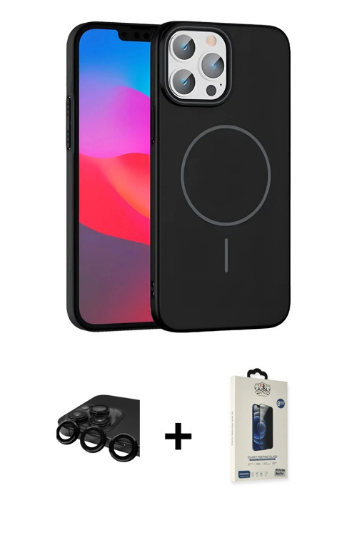 ieg™ iPhone 15 Pro Max Kılıf Siluet Doku Özel Seri - Siyah Bilvis Hayalet Cam Ekran Koruyucu + Siyah