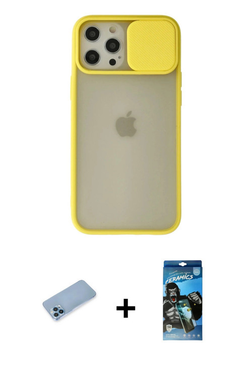 ieg™ iPhone 12 Pro Max Kılıf Vadi Çizgi - Siyah 34D Izgaralı Cam + Mavi Shine Kamera Lens Koruma Cam