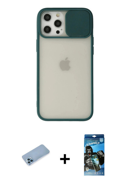 ieg™ iPhone 12 Pro Max Kılıf Vadi Çizgi - Siyah 34D Izgaralı Cam + Mavi Shine Kamera Lens Koruma Cam