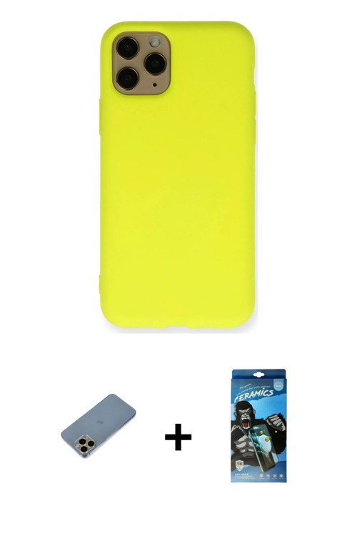 ieg™ iPhone 11 Pro Kılıf Ahenk Serisi - Siyah 34D Izgaralı Cam + Gold Shine Kamera Lens Koruma Cam