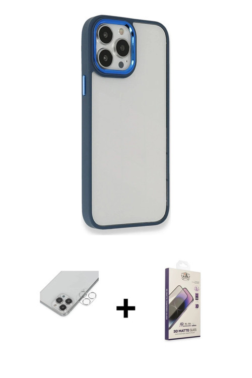 ieg™ iPhone 14 Pro Max Kılıf Eksen Doku Prime - Siyah Bilvis 3D Mat Cam Ekran Koruyucu + Gümüş Band