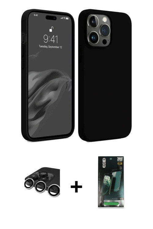 ieg™ iPhone 15 Pro Max Kılıf Kozmos Yansıma Özel Seri - Siyah 360 Mat Full Body Arka Koruyucu + Gümü