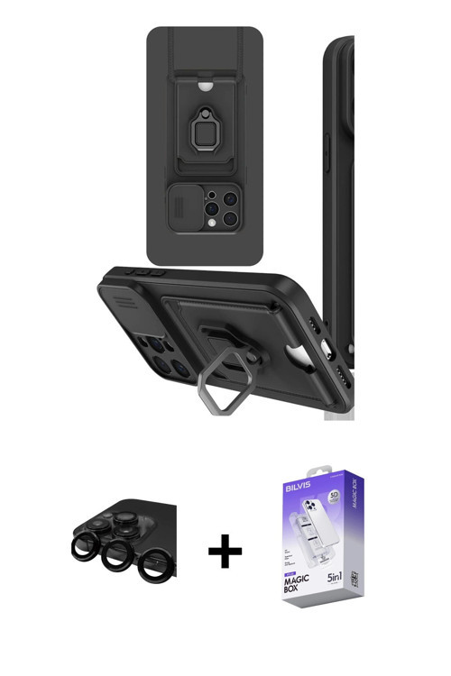 ieg™ iPhone 15 Pro Kılıf Vadi Form Prime - Siyah Bilvis 5in1 3D Magic Cam Ekran Koruyucu + Siyah Raz