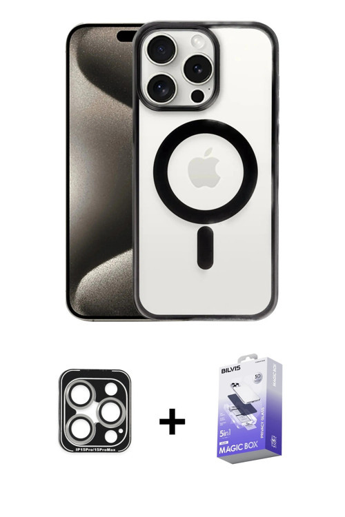 ieg™ iPhone 15 Pro Max Kılıf Siluet Çizgi Serisi - Siyah Bilvis 5in1 5D Magic Hayalet Cam Ekran Koru