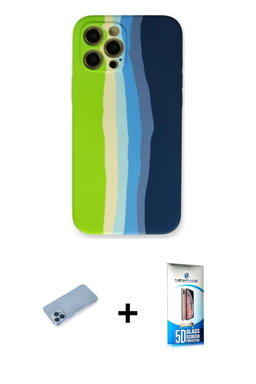 ieg™ iPhone 12 Pro Max Kılıf Yadigar Çizgi - Siyah 5D Eko Cam Ekran Koruyucu + Mavi Shine Kamera Len