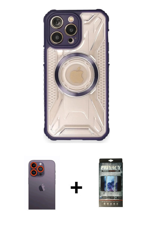 ieg™ iPhone 12 Pro Kılıf Kutup Modern - Siyah 34D Hayalet Izgaralı Cam + Turuncu Neon Fosforlu Kamer