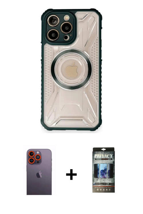 ieg™ iPhone 12 Pro Kılıf Kutup Modern - Siyah 34D Hayalet Izgaralı Cam + Turuncu Neon Fosforlu Kamer