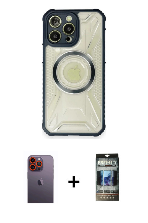 ieg™ iPhone 12 Pro Kılıf Kutup Modern - Siyah 34D Hayalet Izgaralı Cam + Turuncu Neon Fosforlu Kamer