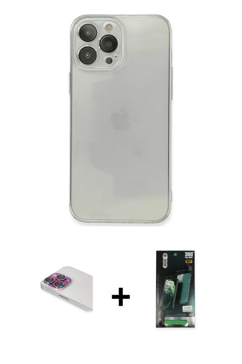 ieg™ iPhone 13 Pro Max Kılıf Ahenk Doku - Şeffaf 360 Full Body Arka Koruyucu + Gökkuşağı Pers Alümin