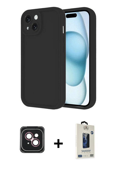 ieg™ iPhone 14 Kılıf Yankı Yansıma Özel Seri - Siyah Bilvis Hayalet Cam Ekran Koruyucu + Pembe PVD M