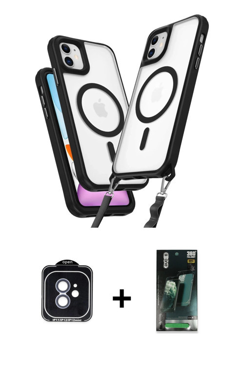 ieg™ iPhone 11 Kılıf Atlas Doku Koleksiyonu - Siyah 360 Mat Full Body Arka Koruyucu + Mavi PVD Metal