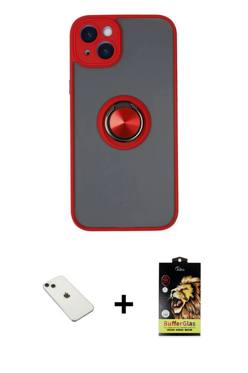 ieg™ iPhone 14 Kılıf Yörünge Çizgi - Siyah Buffer Cam Ekran Koruyucu + Yeşil Diamond Kamera Lens