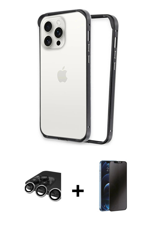 ieg™ iPhone 15 Pro Kılıf Pusula Asil Koleksiyonu - Siyah 3D Antistatik Hayalet Cam Ekran Koruyucu +