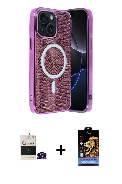 ieg™ iPhone 15 Kılıf Eksen Çizgi - Siyah Buffer Hayalet Cam Ekran Koruyucu + Pembe Bilvis Titan Kame