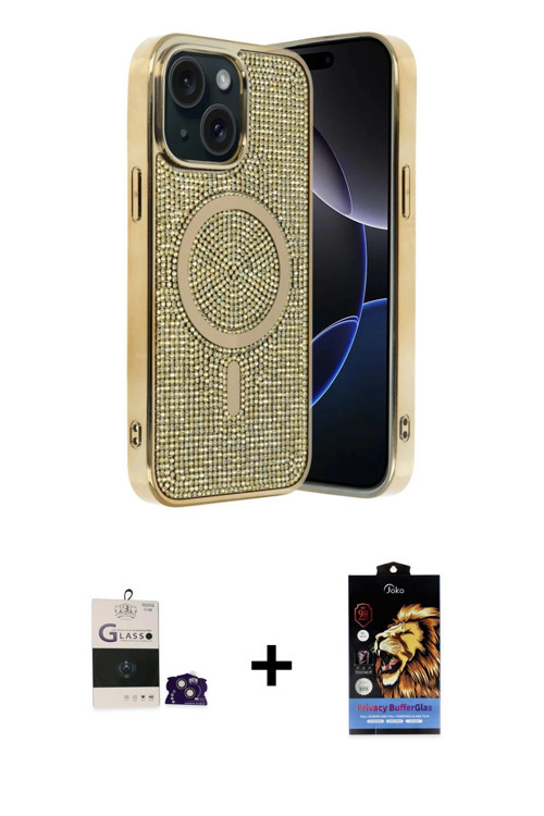 ieg™ iPhone 15 Kılıf Eksen Çizgi - Siyah Buffer Hayalet Cam Ekran Koruyucu + Pembe Bilvis Titan Kame