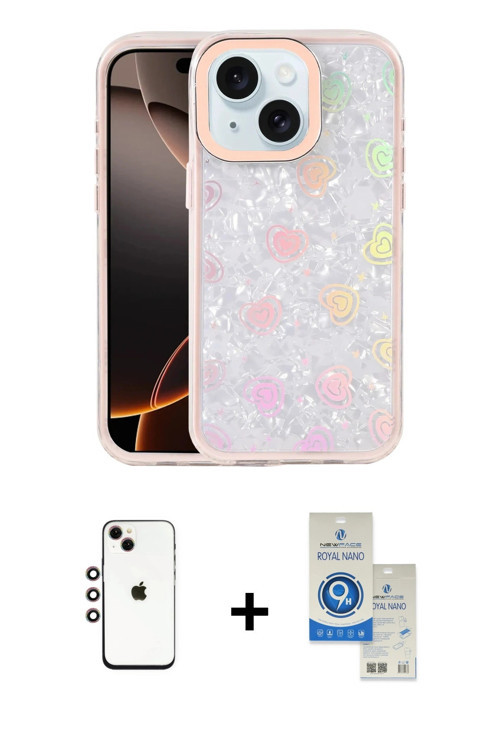 ieg™ iPhone 14 Kılıf Odak Prime - Şeffaf Royal Nano Ekran Koruyucu + Gökkuşağı Shine Kamera Lens