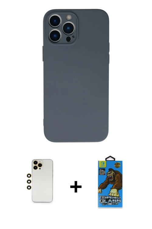 ieg™ iPhone 13 Pro Max Kılıf Ahenk Serisi - Siyah 18D Cam Ekran Koruyucu + Gold Shine Kamera Lens