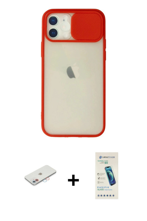 ieg™ iPhone 12 Kılıf Vadi Çizgi - Şeffaf Pasifik Cam Ekran Koruyucu + Pembe Renkli Kamera Lens Korum
