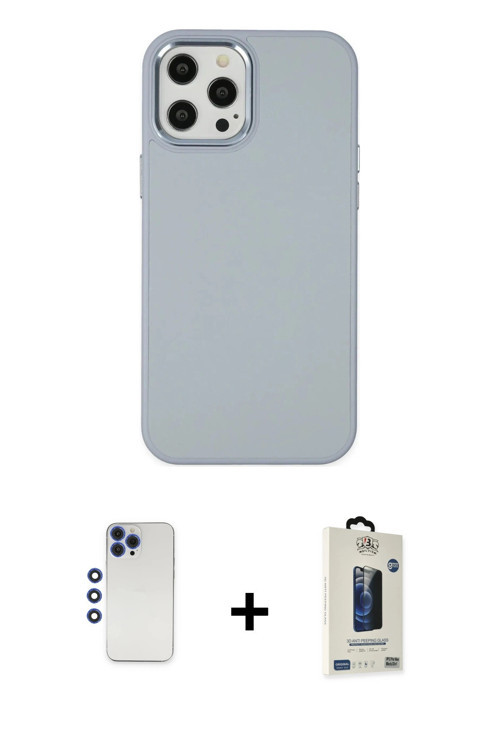 ieg™ iPhone 12 Pro Max Kılıf Çekirdek Çizgi - Siyah Bilvis Hayalet Cam Ekran Koruyucu + Lacivert Shi