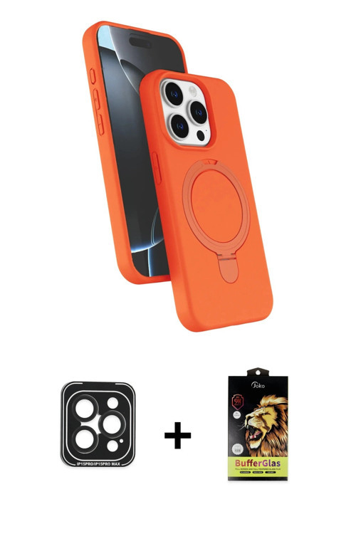 ieg™ iPhone 15 Pro Max Kılıf İz Işık Koleksiyonu - Siyah Buffer Cam Ekran Koruyucu + Siyah PVD Metal