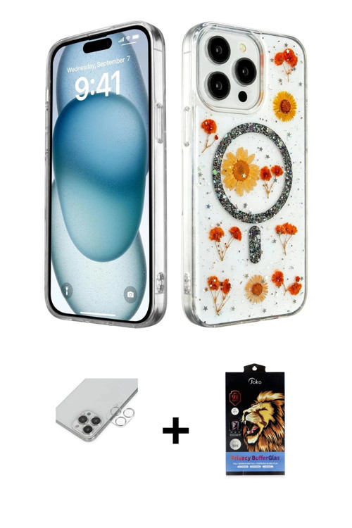 ieg™ iPhone 14 Pro Max Kılıf Kozmos Doku - Siyah Buffer Hayalet Cam Ekran Koruyucu + Gümüş Band Meta