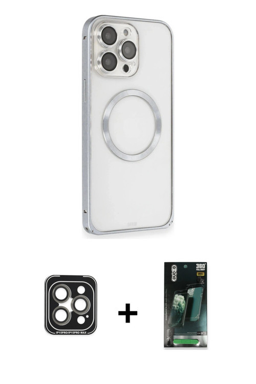 ieg™ iPhone 15 Pro Max Kılıf Ahenk Işık Serisi - Şeffaf 360 Full Body Arka Koruyucu + Gri PVD Metal