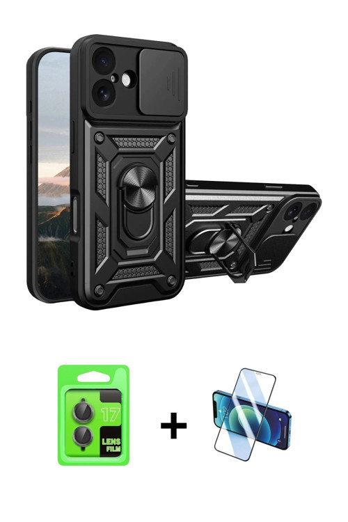 ieg™ iPhone 17 Kılıf Ahenk Klasik - Siyah 3D Antistatik Cam Ekran Koruyucu + Gri Raze Metal Kamera L