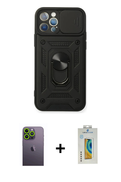 ieg™ iPhone 12 Pro Kılıf Ahenk Klasik - Siyah Polymer Nano Ekran Koruyucu + Yeşil Neon Fosforlu Kame