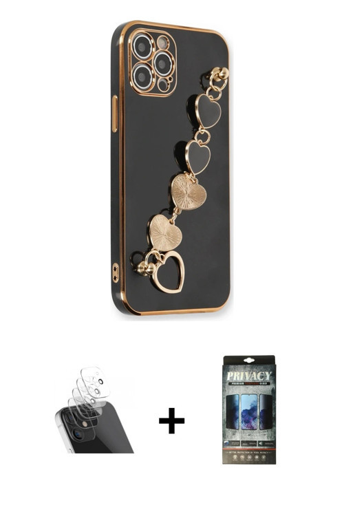 ieg™ iPhone 12 Pro Kılıf Nova Işık Prime - Siyah 34D Hayalet Izgaralı Cam + Şeffaf Kamera Lens Korum
