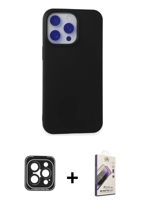 ieg™ iPhone 15 Pro Max Kılıf Ahenk Serisi - Siyah Bilvis 3D Mat Cam Ekran Koruyucu + Siyah PVD Metal