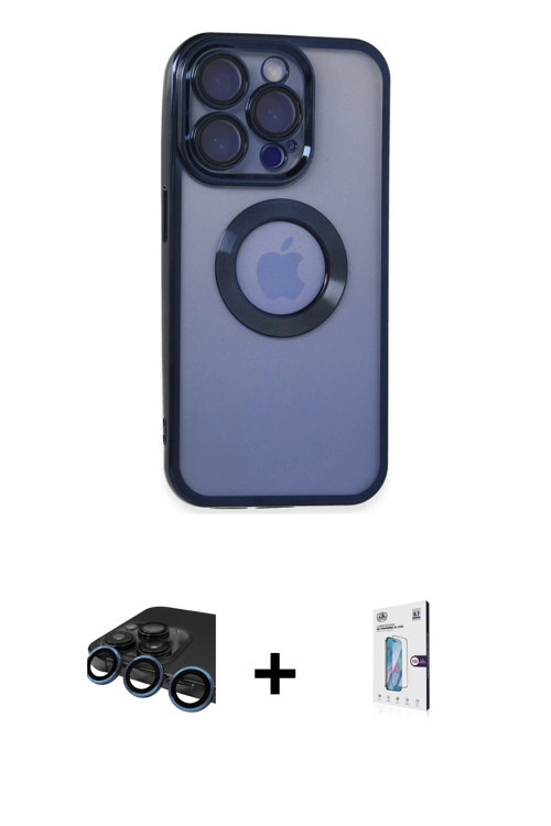 ieg™ iPhone 15 Pro Max Kılıf Pusula Form - Siyah Bilvis 0.18mm Plus Cam Ekran Koruyucu + Lacivert Ra