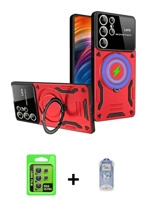 ieg™ Galaxy S24 Ultra Kılıf Kıvılcım Modern Serisi - Siyah Joko Magic 5D Cam + Gümüş Raze Metal Kame