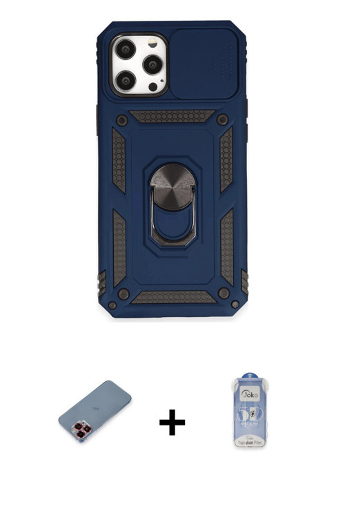 ieg™ iPhone 12 Pro Max Kılıf Ahenk Klasik - Siyah Joko Magic 5D Cam + Kırmızı Metal Kamera Lens Koru
