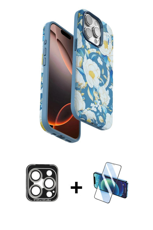 ieg™ iPhone 15 Pro Max Kılıf Siluet Doku - Siyah 3D Antistatik Seramik Nano Ekran Koruyucu + Gümüş P