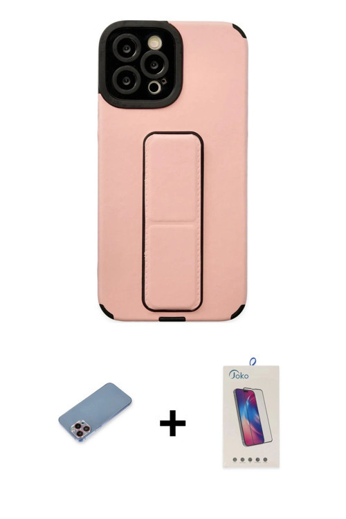 ieg™ iPhone 12 Pro Max Kılıf Çekirdek Yansıma - Siyah Joko 5D Cam + Pembe Shine Kamera Lens Koruma C