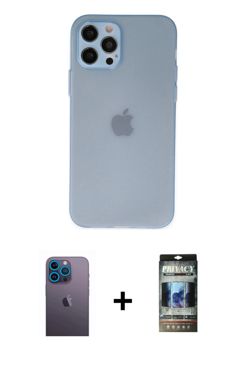 ieg™ iPhone 12 Pro Kılıf Atlas Minimal Prime - Siyah 34D Hayalet Izgaralı Cam + Mavi Neon Fosforlu K