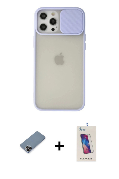 ieg™ iPhone 12 Pro Max Kılıf Vadi Çizgi - Siyah Joko 5D Cam + Siyah Metal Kamera Lens Koruma Cam