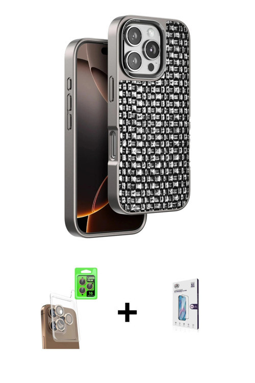 ieg™ iPhone 16 Pro Kılıf Siluet Form Serisi - Siyah Bilvis 0.18mm Plus Cam Ekran Koruyucu + Çöl Tita