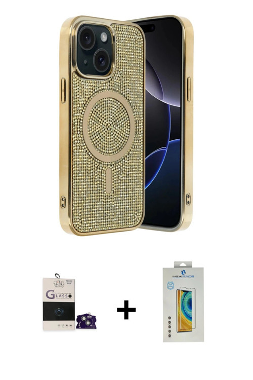 ieg™ iPhone 15 Kılıf Eksen Çizgi - Siyah Polymer Nano Ekran Koruyucu + Sierra Blue Bilvis Titan Kame
